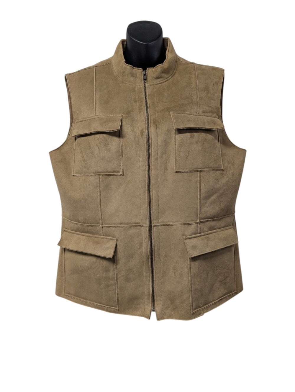 Harvé Benard Tan Suede Utility Vest Women’s Size 14 Zip Front Cargo Pockets